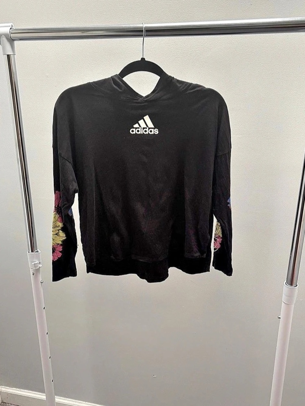 Adidas Girl's Floral Sleeve Black Pullover Hoodie